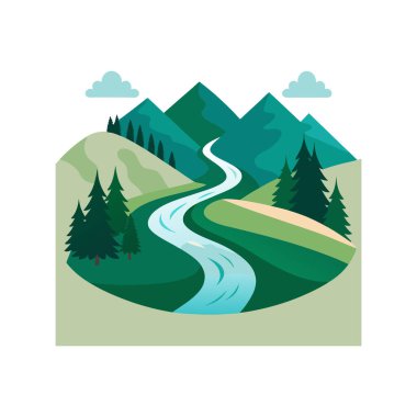 Scenic Mountain River Landscape with Green Hills and Trees clipart