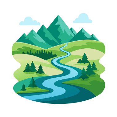 Scenic Mountain River Landscape with Green Hills and Trees clipart