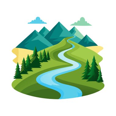 Scenic Mountain River Landscape with Green Hills and Trees clipart