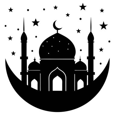 Islamic Architecture at Night, Mosque Silhouette with Stars and Crescent Moon clipart