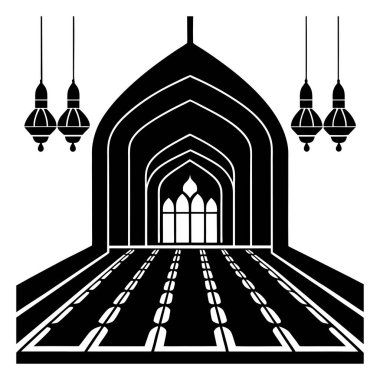 Grand Mosque Interior Chandelier, Arches, and Patterned Carpets clipart