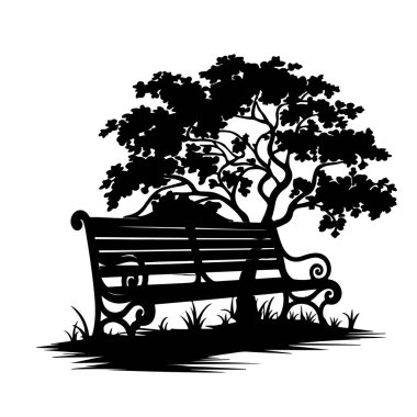 Beautiful silhouette of a vintage park bench under a detailed tree with swirling branches and leaves. Perfect for nature, vintage, and decorative design themes. clipart