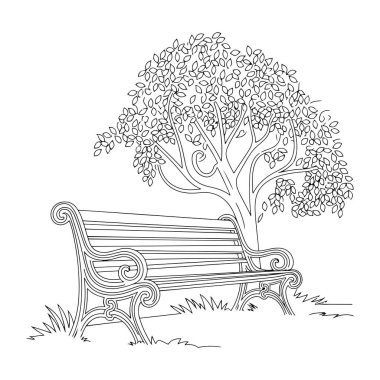 Beautiful silhouette of a vintage park bench under a detailed tree with swirling branches and leaves. Perfect for nature, vintage, and decorative design themes. clipart