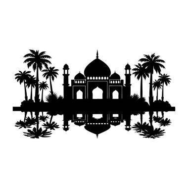 Serene Mosque with Palm Trees and Reflection in Calm Water Under a Peaceful Evening Sky clipart