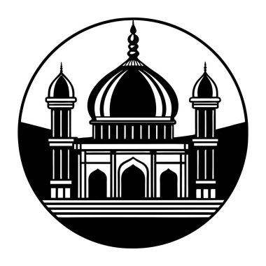 Minimalist wallpaper design showcasing a mosque with a single dome and minaret outlined in white, perfect for modern Islamic decor. clipart