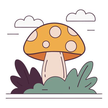 Colorful Cartoon Mushroom Illustration with Nature Elements clipart