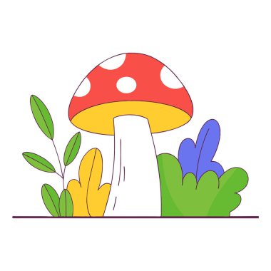 Colorful Cartoon Mushroom Illustration with Nature Elements clipart