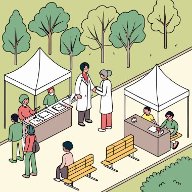 An isometric illustration depicts a bustling community health fair in a park-like setting. clipart