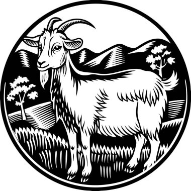 Rustic Black and White Illustration of a Majestic Goat in a Scenic Landscape clipart