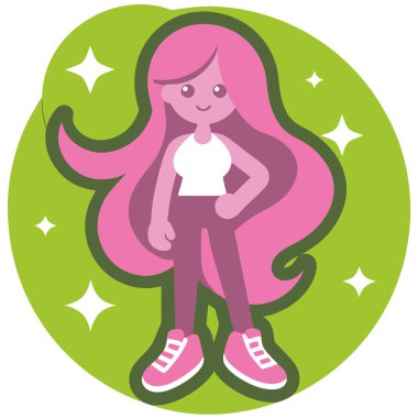 Cute girl with long pink hair walking in a whimsical setting. clipart