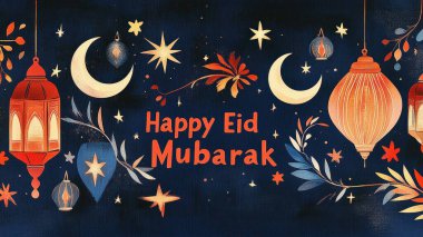 Create a wide banner with Happy Eid Mubarak in bold, modern typography, flanked by crescent moons, lanterns, and stars. clipart