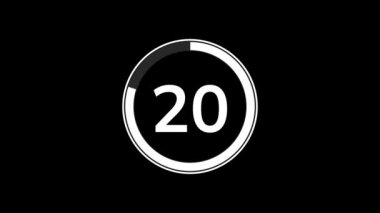 Siyah zemin üzerinde basit düz beyaz daire göstergesi ile 25 saniye geri sayım zamanlayıcısı animasyonu