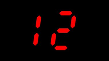 15 saniyelik geri sayım zamanı dijital animasyonu. Siyah arkaplanda kırmızı sayılar var. Zaman, teknoloji, aciliyet ve son teslim tarihleri için uygun.