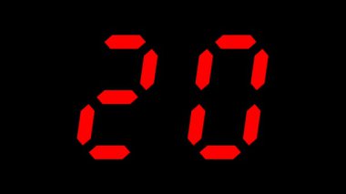 25 saniye geri sayım zamanlayıcısı dijital animasyonu 25 saniyeden 0 saniyeye, siyah arkaplanda kırmızı sayılar, zaman, teknoloji, aciliyet ve son teslim tarihleri için uygun.