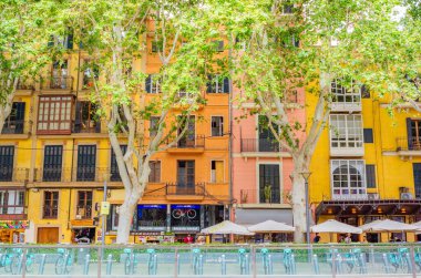 Palma, Mallorca, İspanya - 12 Mayıs 2024: Restoranları ve e-bisikletleri sokak boyunca uzanan renkli daireler.