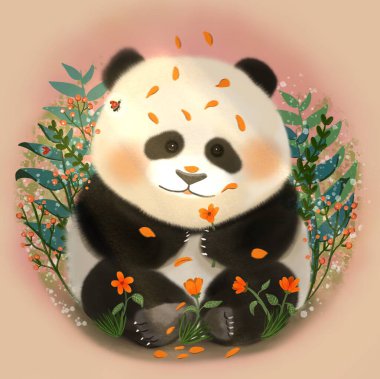 Yavru pandanın yerde otururken çiçeklerle oynaması. Pembe arkaplan. 