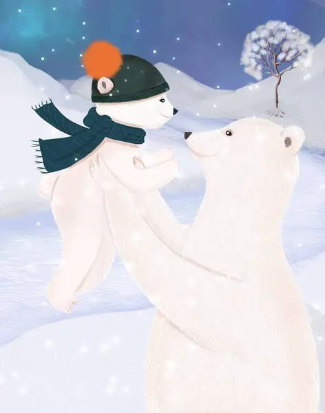 Whimsical illustration of polar bears. Polar bear holding up its baby bear cub in the air in a snowy winter night.