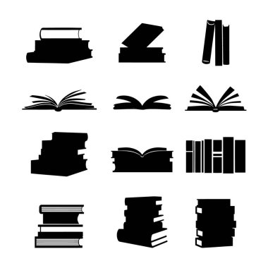 Kitap Siluetleri Koleksiyonu Yığılmış, Açık ve Kapalı Kitap Şekillerinin Siyah ve Beyaz Minimalist Vektör Simgeleri