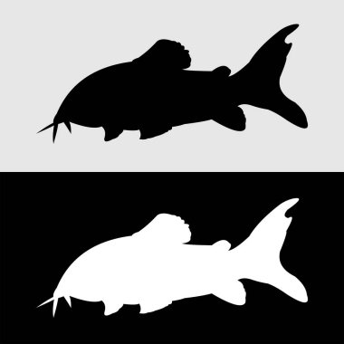 Beyaz ve siyah arkaplanda süpürge saplı balık silueti logosu tasarımı