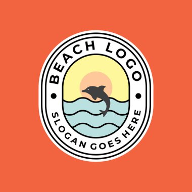 beach emblem logo vector Dolphin jump water logo and symbol with sunset clipart