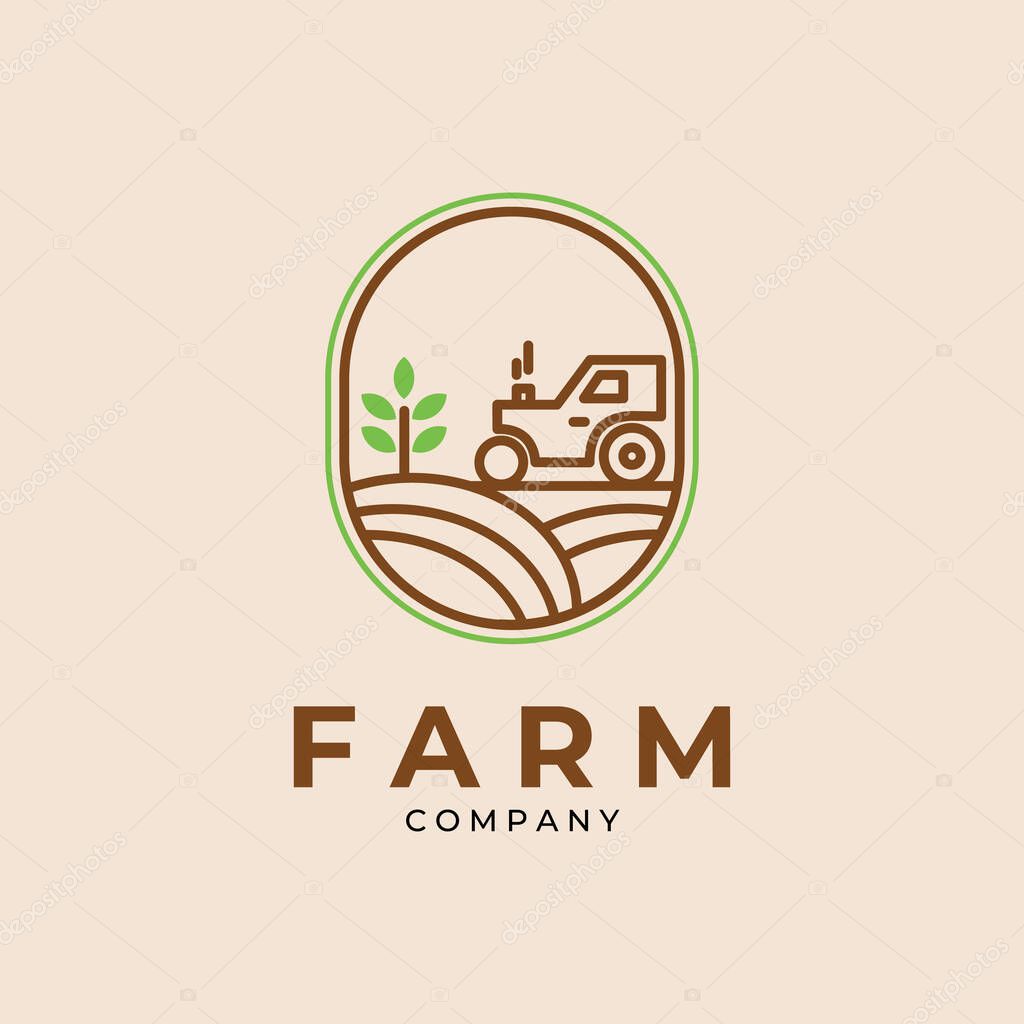 Minimalist tractor and farm line art logo emblem vector template design