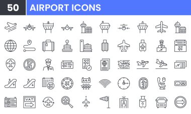 Havaalanı vektör çizgisi simgesi ayarlandı. Uçak, Bilet, Bagaj, Koltuk, Wifi, Çanta, Gidiş, Terminal, Pasaport, Ulaşım, Bagaj, Uçak gibi doğrusal özet simgeleri içerir. Web için düzenlenebilir kullanım ve vuruş