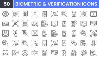 Kimlik, Biyometrik ve Doğrulama vektör çizgisi simgesi ayarlandı. Parmak izi kontrolü, kimlik tespiti, pasaport, yasal belge, ehliyet gibi doğrusal taslak simgeleri içerir. Düzenlenebilir kullanım ve vuruş.