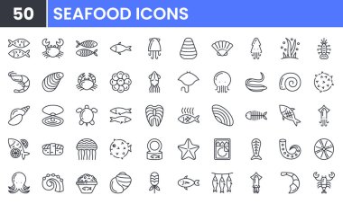 Deniz ürünleri vektör çizgisi simgesi ayarlandı. Balık, Karides, Kalamar, Yengeç, İstiridye, Istakoz, Kaplumbağa, Ahtapot, Somon, Havyar, Mürekkep Balığı gibi doğrusal taslak simgeleri içerir. Düzenlenebilir kullanım ve vuruş.