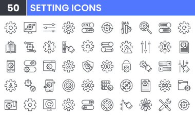 Ayarlama ve ayarlama vektör çizgisi simgesi seti. Seçenek, Yenileme, Gear, Destek, Kurulum, İndirme, Sistem, Kontrol, Güncelleme, Yapılandırma gibi doğrusal özet simgeleri içerir. Düzenlenebilir kullanım ve vuruş.