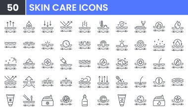 Cilt Bakımı vektör çizgisi simgesi ayarlandı. Sivilce, Güneş kremi, Krem, Sağlıklı Cilt, Kolajen, Kırışıklık, Nemlendirme, Kozmetik, Dermatoloji, Serum gibi doğrusal taslak simgeleri içerir. Düzenlenebilir kullanım ve vuruş.