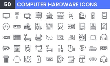 Bilgisayar Donanımı vektör çizgisi simgesi ayarlandı. PC, CPU, Laptop, USB, DVD Room, HDD, SSD, RAM, Grafik Kart, Klavye, Fare, LCD Projektörü, Depolama gibi doğrusal ana hat simgeleri içerir. Düzenlenebilir kullanım ve vuruş