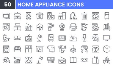 Ev aletleri vektör çizgisi simgesi ayarlandı. Household, Kitchen, Microwave, Vacuum, Mixer, Blender, Broom, Television, Buzdolabı, Sofa, Fan gibi doğrusal taslak simgeleri içerir. Düzenlenebilir kullanım ve vuruş.