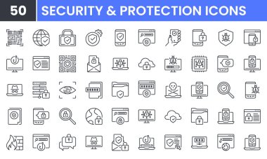 Güvenlik ve Koruma Vektör Çizgisi simgesi ayarlandı. Bilgisayar Ağı Güvenliği, Siber Güvenlik, Güvenlik, Güvenlik, Kalkan, Şifre, İnternet, Phishing gibi doğrusal ana hat simgeleri içerir. Düzenlenebilir kullanım ve vuruş.