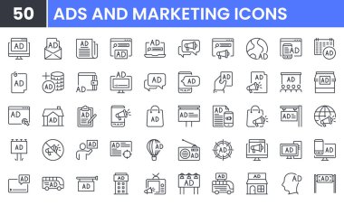 Reklam ve Pazarlama vektör çizgisi simgesi ayarlandı. Billboard, Gazete, TV, Radyo, Promosyon, Poster, Medya, Megaphone, İletişim, E-posta gibi doğrusal özet simgeleri içerir. Düzenlenebilir kullanım ve vuruş.