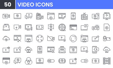 Video ve Multimedya vektör çizgisi simgesi ayarlandı. Movie, Media Player, Camera, Cinema, Display, TV, Film, Projector, Camcorder gibi doğrusal ana hat simgeleri içerir. Düzenlenebilir kullanım ve vuruş.