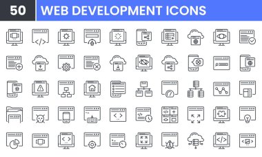 Web Geliştirme vektör çizgisi simgesi ayarlandı. Programlama, Kodlama, Tarayıcı, SEO, Bakım, Arayüz, Bilgisayar, Veri Analizi, Web Tasarımı gibi doğrusal ana hat simgeleri içerir. Düzenlenebilir kullanım ve vuruş.