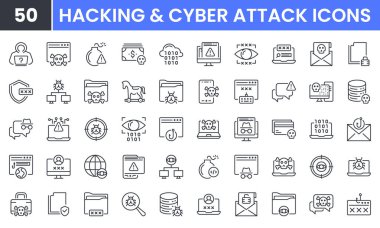 Hackleme ve Siber Saldırı vektör çizgisi simgesi ayarlandı. Virüs, Sahtekarlık, Kötü Yazılım Böceği, Tehdit, Hırsızlık, Data Phishing, Hacker, Suçlu, Hırsız gibi doğrusal taslak simgeleri içerir. Web için düzenlenebilir kullanım ve vuruş.