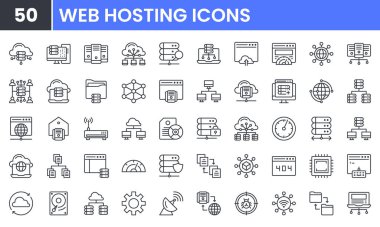 Web sunucu vektör çizgisi simgesi ayarlandı. Sunucu, Veritabanı, Ağ, Bulut, Depolama, İnternet, Web Sitesi, Bilgisayar, İletişim gibi doğrusal ana hat simgeleri içerir. Düzenlenebilir kullanım ve vuruş.