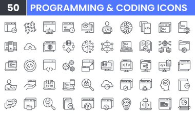 Kodlama ve programlama vektör çizgisi simgesi ayarlandı. Web Geliştirme, Kod, Web Sitesi, Bulut, Uygulama, Veri, Yazılım, Algoritma, Api, İnşa, Program gibi doğrusal özet simgeleri içerir. Düzenlenebilir kullanım ve vuruş.
