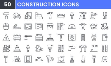 Yapım vektör çizgisi simgesi ayarlandı. Build, Architecture, Industry, Renovation, Tools, Brick, Crane, Bulldozer, Home Tamir, Worker, Security gibi doğrusal taslak simgeleri içerir. Yenilebilir kullanım ve vuruş.