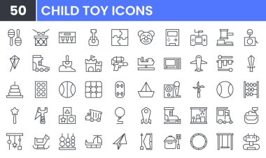 Çocuk Oyuncakları vektör çizgisi simgesi ayarlandı. Baby, Ball, Kid, Bear, Game, Horse, Train, Truck, Car, Robot, Doll, Kite, Puzzle, Castle, Drum, Rattle gibi doğrusal taslak simgeleri içerir. Düzenlenebilir kullanım ve vuruş.