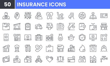 Sigorta vektör çizgisi simgesi ayarlandı. Koruma, Felaket, Yaralanma, Bakım, Risk, İş, Sağlık, Güvenlik, Finans, Gebelik, Mülkiyet gibi doğrusal özet simgeleri içerir. Düzenlenebilir kullanım ve vuruş.
