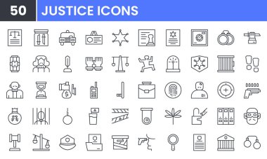 Adalet vektör çizgisi simgesi ayarlandı. Law, Crime, Legal, Lawyer, Criminal, Criminal, Judge, Jail, Prison, Police, Corruption, illegal, Siren, Drug gibi ikonlar içerir. Düzenlenebilir kullanım ve vuruş.