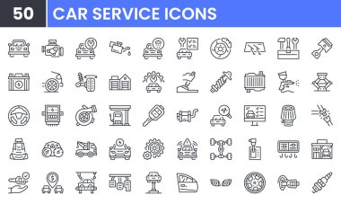 Car Service and Automotive vector line icon set. Contain linear outline icons like Wheel, Mechanic, Garage, Vehicle, Chassis, Engine, Piston, Truck, Repair, Industry. Editable use and stroke. clipart