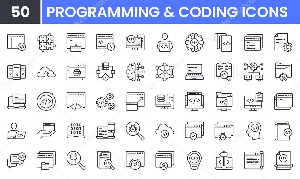 Vector of Coding and Programming vector line icon set. Contains linear outline icons like Web Development, Code, Website, Cloud, App, Data, Software, Algorithm, Api, Build, Program. Editable use and stroke. Coding and Programming vector line icon set. Contains linear outline icons like Web Development, Code, Website, Cloud, App, Data, Software, Algorithm, Api, Build, Program. Editable use and stroke. stock vector