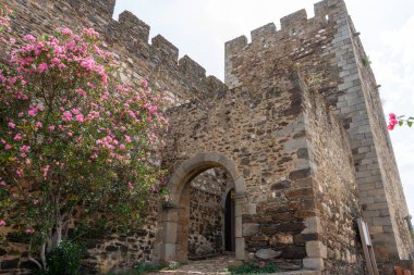 Terena, Alentejo, Portekiz. 16 de Junho de 2024. Portekiz, Alentejo 'daki güzel Terena Şatosu, açık mavi gökyüzünün altında, ortaçağ cazibesi ve tarihi cazibe sergiliyor..