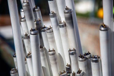 Çöpe atılmış floresan lambaları, geri dönüşüme hazır. Görüntü çevresel sorumluluğu ve sürdürülebilir atık yönetimini vurguluyor.