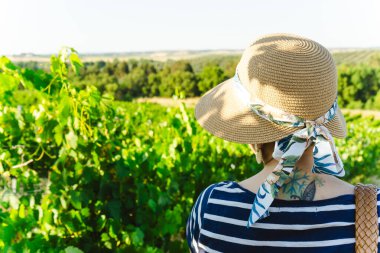 Hasır şapkalı bir kadın Portekiz, Alentejo 'daki yemyeşil üzüm bağlarında geziniyor. Resimli manzaranın ortasında huzurlu bir yaz gününün tadını çıkarıyor..