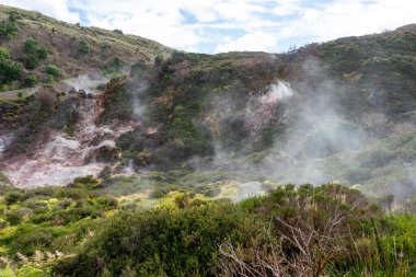 Enxofre, Terceira Adası, Azores, Portekiz 'de, Furnas' taki yemyeşil yeşeren yemyeşil suların arasında etkileyici volkanik bir manzara. Doğanın saf gücü ruhani ve puslu bir sahnede yakalanır..