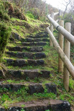 Tahta korkuluklar ve basamaklar Furnas, Terceira Adası, Azores, Portekiz 'deki sülfürlü buhar bacaları diğer dünyaların volkanik manzarası boyunca güvenli bir yol yaratıyor..